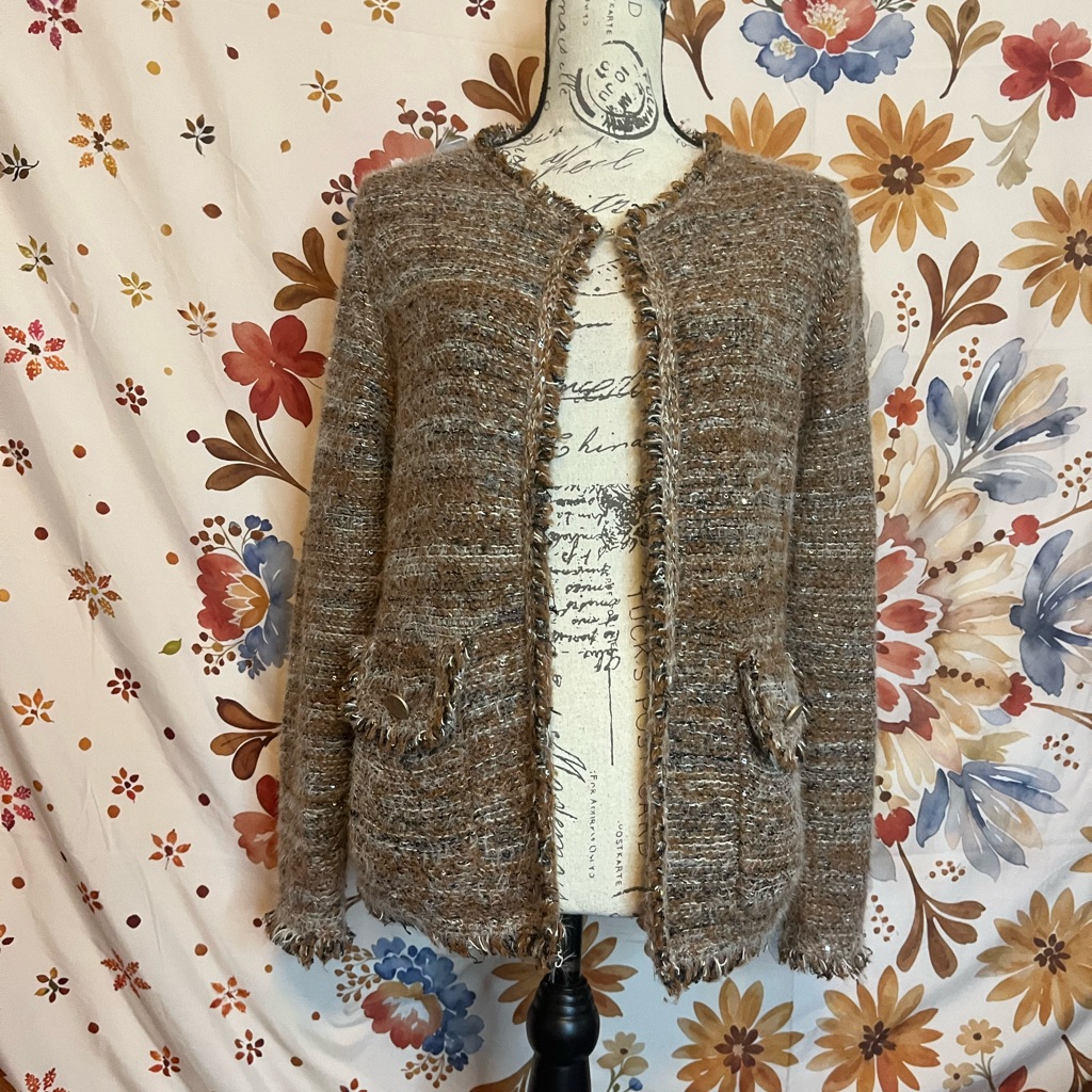 Sioni M Brown Tan Knit Fuzzy Sequin Hook Eye Pocket Fall Winter Preppy Cardigan